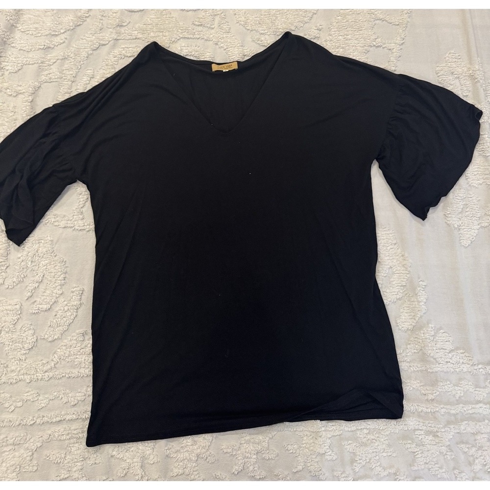 Pinko 1988 Tee Shirt Womens L Black Bell Sleeves V Neck KNIT Comfort Stretchy